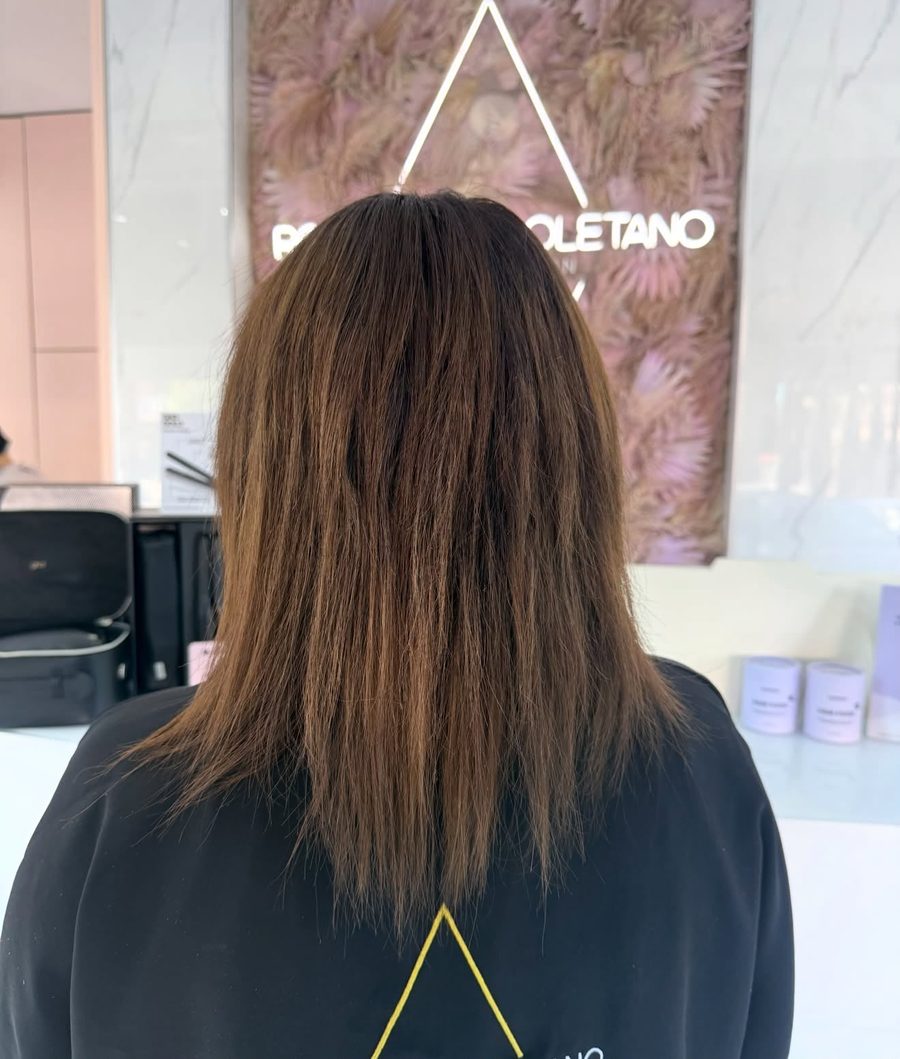 Capelli prima del lavoro, castano lungo e lucido